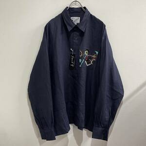 ビンテージ　GOOUCH　タグ付き　デッドストック　デザイン　刺繍　リネン　長袖シャツ　ネイビー　XL　240321