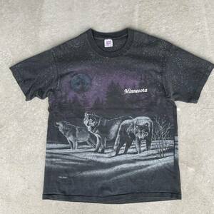 ビンテージ　90ｓ　アンビル　USA製　オオカミ　アニマル　動物　両面　全面プリント　デザイン　Tシャツ　240329