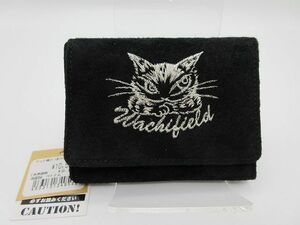 ◆WACHIFIELD わちふぃーるど 猫のダヤン ドッと福3つ折り財布 ミニ財布 コンパクト ウォレット ピッグスウェード 豚革 黒革製 未使用品