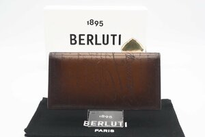 ☆安心の３大保証☆ Aランク ≪Berluti ベルルッティ/二つ折り長財布≫ カリグラフィ 型押しロゴ レザー ブラウン メンズ 極美品 送料無料