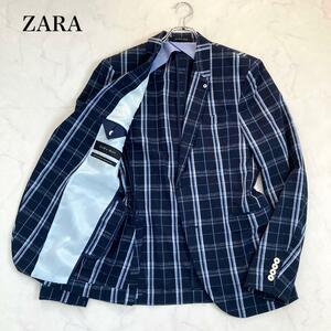 【1円スタート】ZARA ザラ　テーラードジャケット　シアサッカー　春夏　チェック　スカルピンバッチ　ドクロ　ネイビー　L