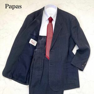 【1円スタート】春夏Papas パパス　極上リネン＆シルク　セットアップ　スーツ上下　サマースーツ　ロゴ刺繍　2B　背抜き　ネイビー　M/L