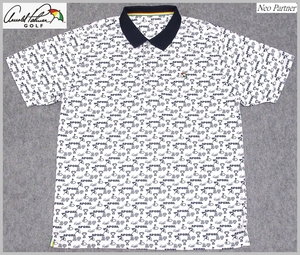 極美品 Arnold Palmer GOLF アーノルドパーマー ゴルフ モノグラムプリント 吸汗速乾 半袖ポロシャツ ホワイトｘネイビー XO(3L) メンズ