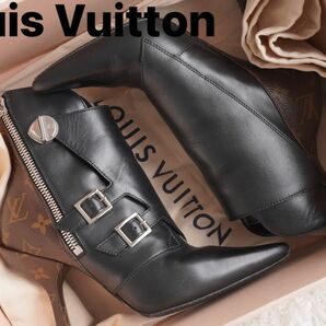 ルイヴィトン LVジャネット・ラインアンクルブーツ1A586V レザー 黒 本革 ショートブーツ 箱付 定価30万円 極美品