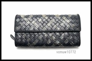 新タグ希少美中古■BOTTEGA VENETA イントレチャート パイソン×レザー 2つ折り長財布 ボッテガヴェネタ■0307rd3153-8M