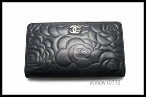 希少美中古■CHANEL 16番台 カメリア SV金具 レザー 2つ折り長財布 シャネル■0321vu16620