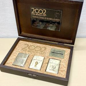 【未着火】 zippo 3点セット 2002 FIFA WORLD CUP KOREA JAPAN サッカー W杯 韓国 日本 木箱付 日韓ワールドカップ 2001年製 ライター 