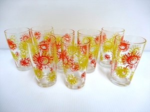 昭和レトロポップ ひまわり 花柄　タンブラーグラス 8個 オレンジ＆イエロー 当時物