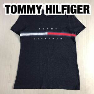 TOMMY HILFIGER トミー ヒルフィガー 半袖Tシャツ S 黒に近い紺 ビッグロゴ 刺繍ロゴ フラッグタグ