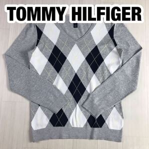 TOMMY HILFIGER トミー ヒルフィガー コットンニット M ライトグレー 霜降り アーガイル Vネック 刺繍ロゴ フラッグの画像1