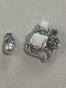 JY431-8-5[ pearl * pearl ]2 point set brooch / pendant top metal fittings SV 21g gem jewelry jewerly returned goods un- possible 