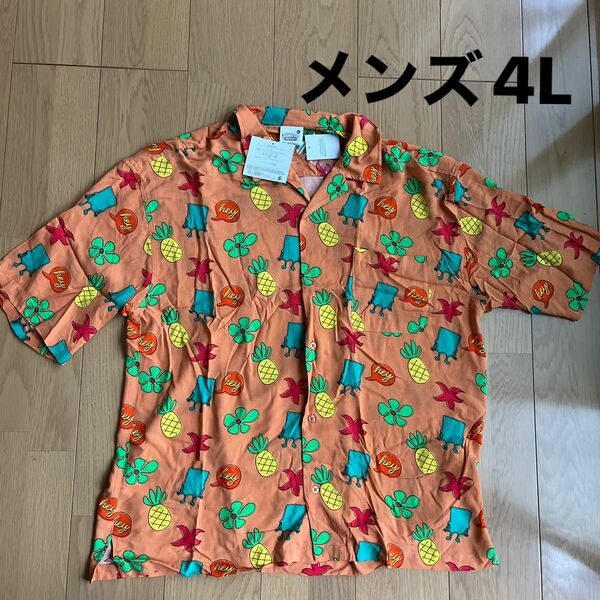 大きいサイズ　メンズ　スポンジボブシルエットアロハ総柄半袖Tシャツ　4L