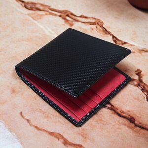 カーボンレザー 折り財布 内装：紅 メンズ レディース 小銭入れ カードケース
