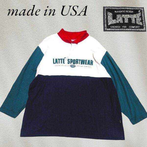 LATTEロングモックTシャツ切り替え レトロ　USAアメリカ製古着swh0576cs7切り替モックネックビンテージ