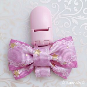 ☆リボン名札クリップ なふだちゃん パープル色キラキラ星柄リボン☆