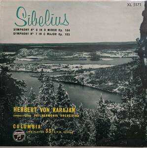 初期LP盤 ヘルベルト・フォン・カラヤン/Philharmonia　Sibelius 交響曲 6&7番 Op104 & 105 