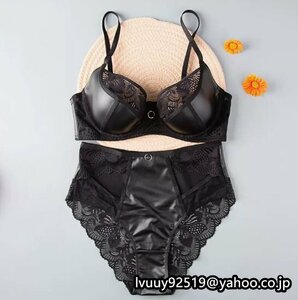 SEXY PUレザー レディース インナー 上下セット ブラジャーショーツセット 下着 パンツ 脇肉 脇高 80C 美胸 ブラック