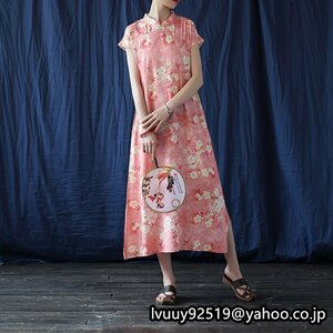 花柄プリント綿麻ワンピース レディース ワンピース 50代 60代 ファッション ピング 薄手 夏のお出かけに L