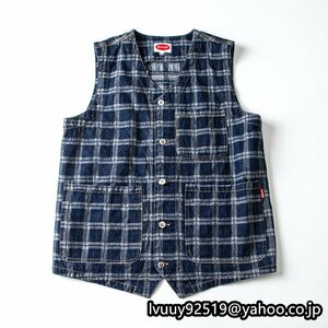 アメカジ 40th デニム ベスト ワークベスト vintage モノグラム柄 ユニセックス 釣り バイク 登山 作業着 M~2XL