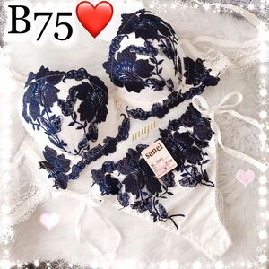 B75M★グラジオラス ホワイト 白★ブラジャー&Tバックセット★豪華 刺繍 レース 紐パン セクシー Bカップ アンダー75 ネイビー 下着★みゆ