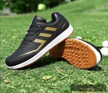 新品セール◆ゴルフシューズ Golf shoes メンズ スニーカー 運動靴スポーツシューズ 紳士 グラデーション幅広 防滑 撥水 耐磨 黒/金 27.0cm_画像1