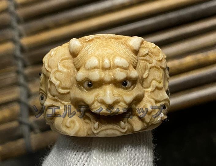 鬼手咥虎図根付】鹿角根付 虎根付 鬼根付 鹿角 現代根付 根付｜根付