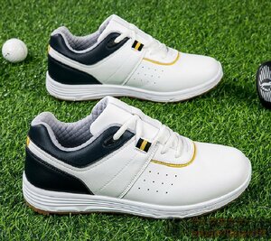 新品特売■ゴルフシューズ Golf shoes メンズ 紳士 スニーカー スポーツシューズ 運動靴 グラデーション 幅広 防滑 耐磨 撥水 白/黄 25.0cm