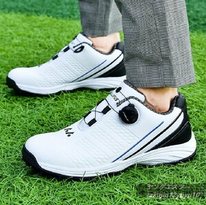  high class goods golf shoes men's dial type wide width 4E sport shoes Fit feeling light weight elasticity . for man sport shoes waterproof . slide enduring . white / blue 25.0cm