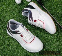 新品特売■ゴルフシューズ Golf shoes メンズ 紳士 スニーカー スポーツシューズ 運動靴 グラデーション 幅広 防滑 耐磨 撥水 白/赤 24.5cm_画像2