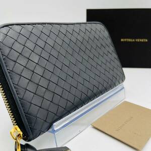 1円《美品》BOTTEGA VENETA ボッテガヴェネタ イントレチャート 長財布 ラウンド ジッピーウォレット レザー 本革 ダークグレー メンズ