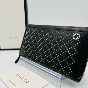 1円《稀少》GUCCI グッチ 長財布 ジッピーウォレット ラウンド GG スタッズ インターロッキング ディアマンテ レザー 黒 ブラック メンズ