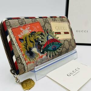 1円《箱付き》GUCCI グッチ GGスプリーム クーリエ 虎 タイガー ワッペン刺繍 長財布 ラウンドファスナー ジッピーウォレット メンズ 