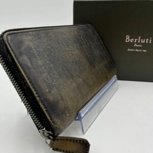 1円《美品》ベルルッティ Berluti イタウバ カリグラフィ スタンプ ラウンド ジッピーウォレット 長財布 レザー 黒 ブラック メンズ