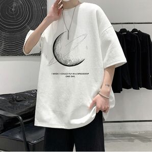 カジュアル　韓国　ブラック　月　Tシャツ　ストリート　半袖　オールシーズン　白