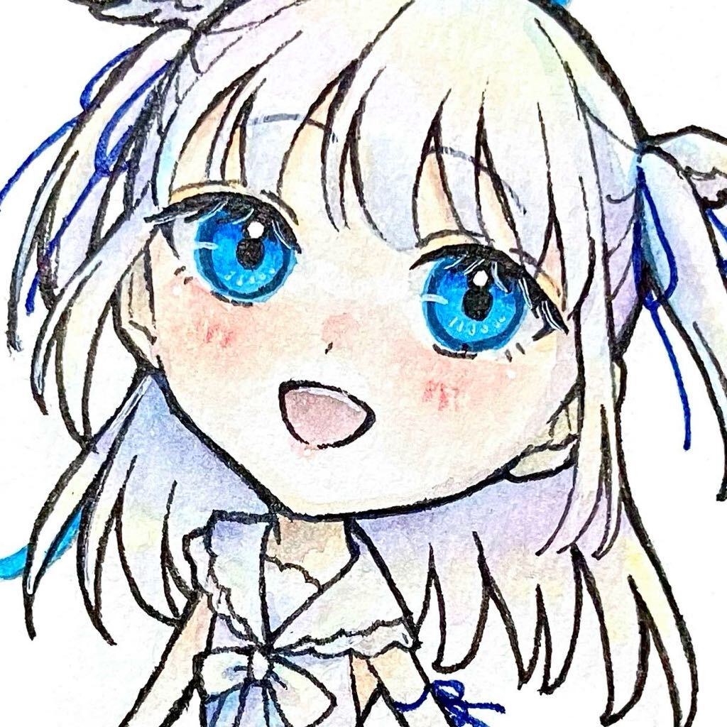 Hand-drawn illustration Original ATC size Original drawing Creation Deformed Mini character Angel White Blue Girl, comics, anime goods, hand drawn illustration