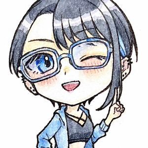 Art hand Auction Hand-drawn illustration Original ATC size Original drawing Creation Deformed Mini character Blue Glasses Star Girl, comics, anime goods, hand drawn illustration