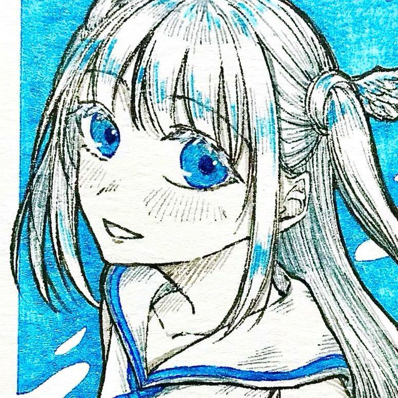 손으로 그린 일러스트 원본 원화 ATC 크기 생성 파란색 그림 천사 소녀, 만화, 애니메이션 상품, 손으로 그린 그림