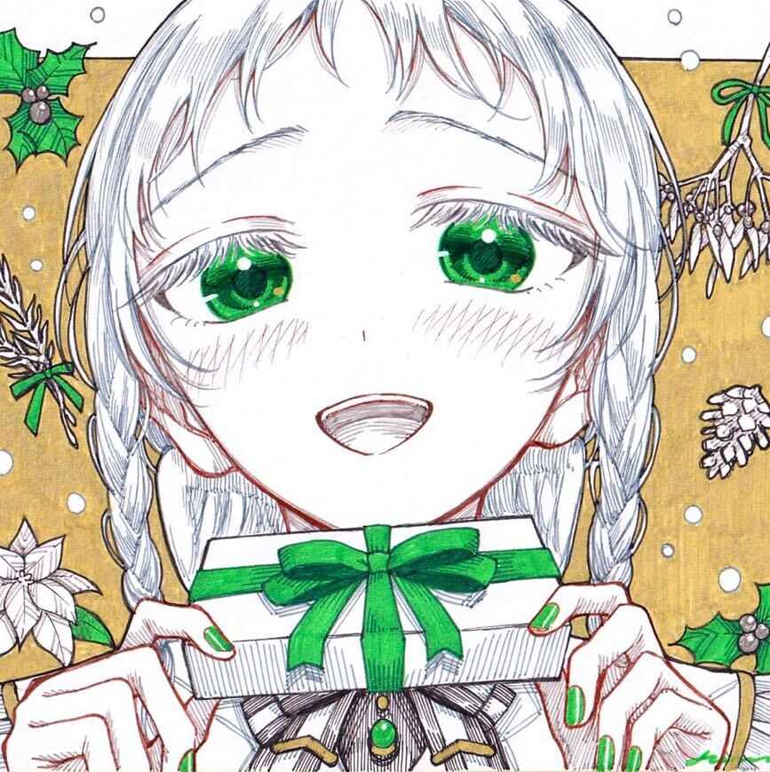 Illustration dessinée à la main Création originale Papier couleur Image originale Sunshoan Angel Present Christmas Green, des bandes dessinées, produits d'anime, illustration dessinée à la main