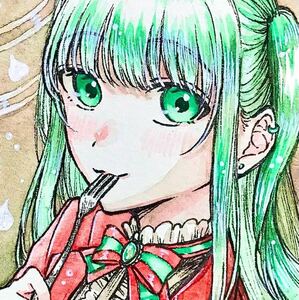 Art hand Auction 手描きイラスト オリジナル 創作 原画 atcサイズ 赤 緑 女の子 クリスマス, コミック, アニメグッズ, 手描きイラスト