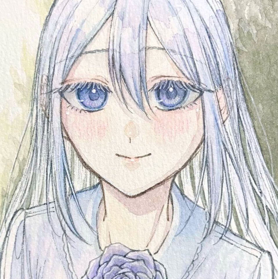 손으로 그린 일러스트 원본 원본 그림 ATC 크기 크리에이티브 수채화 꽃 소녀 장미 보라색 파란색, 만화, 애니메이션 상품, 손으로 그린 그림