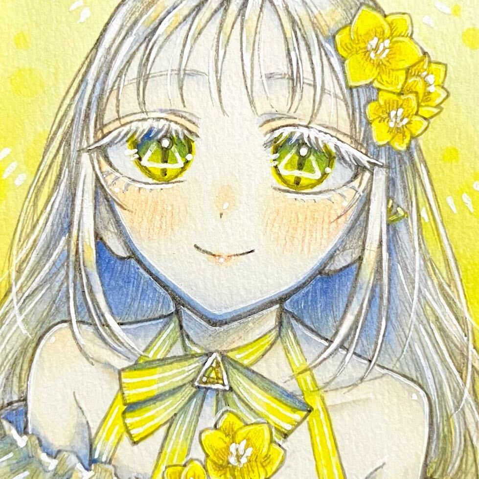 手描きイラスト オリジナル 創作 原画 ATCサイズ 黄色 女の子 水彩 花 フリージア, コミック, アニメグッズ, 手描きイラスト