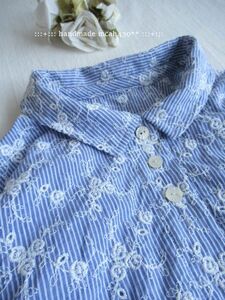 :::ハンドメイド　cotton ストライプ　flower刺繍　チビエリシャツ　チュニック丈　 :::