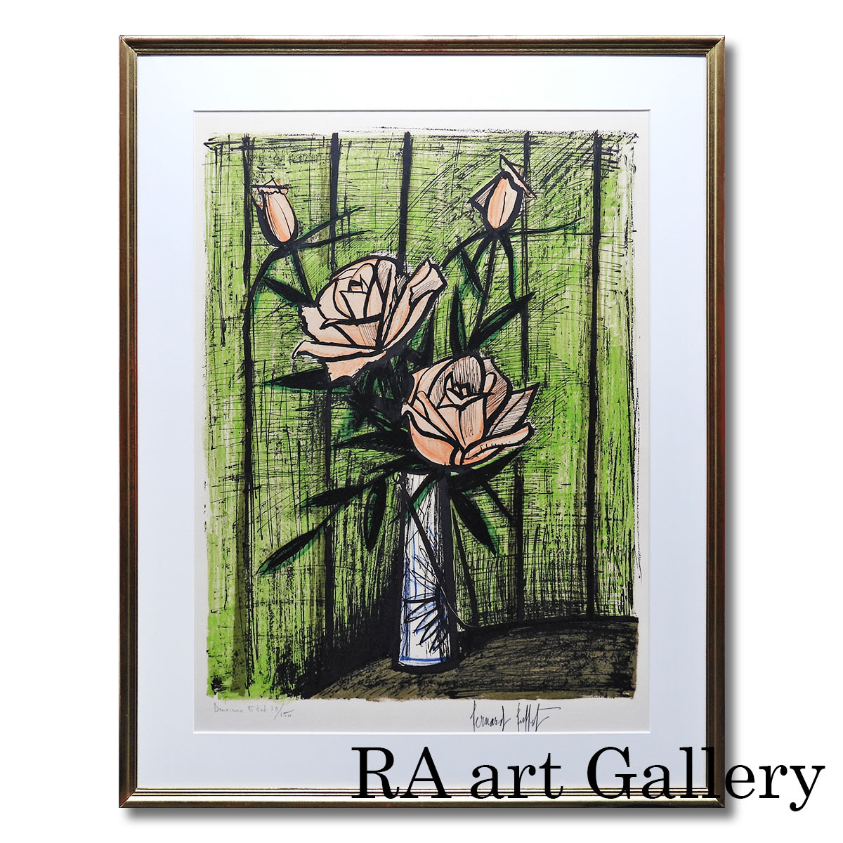 Bernard Buffet Rosen Stillleben vom Künstler signiert Rosen Blumen in einer Vase repräsentatives Motiv beliebtes Design Kommentar inklusive Druck Gemälde garantiert authentisch, Kunstwerk, Drucke, Lithografie, Lithographie