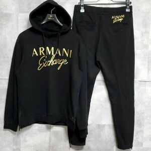 美品 L アルマーニ エクスチェンジ セットアップ パーカー 黒 フード ロゴ Armani Exchange 上下 フーディー ジャージ スエット ブラック