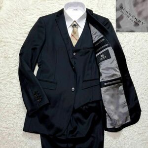 極美品 XL バーバリーブラックレーベル 背抜き ウール100 3ピース スーツ 黒 水牛ボタン ノバチェック BURBERRY BLACK LABEL 羊毛 3P 通年