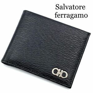 【現行☆極美品】サルヴァトーレフェラガモ Salvatore ferragamo 二つ折り財布 小銭入れ付き ガンチーニ 黒 ブラック本革レザー メンズ 