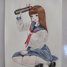 手描きイラスト B5サイズ 色鉛筆画 セーラー服 直筆原画 卒業graduation_画像3