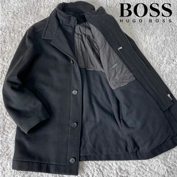 HUGO BOSS ヒューゴボス カシミヤ混 スタンドカラーコート リブ 黒