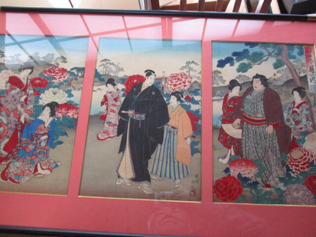 Ukiyo-e, Édo, Meiji, Douze mois, Avril, Jardin de pivoines, Photo d'un bel homme, Trois Ukiyo-e, Encadré, Auteur : Shunobu, peinture, Ukiyo-e, imprimer, Peinture de belle femme