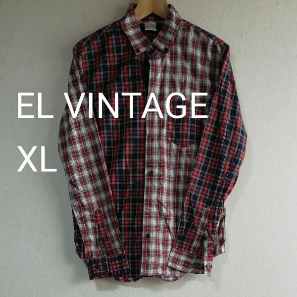 【USED美品】シャツ　EL VINTAGE　長袖　綿100%　クレイジーパターン　チェック　XL